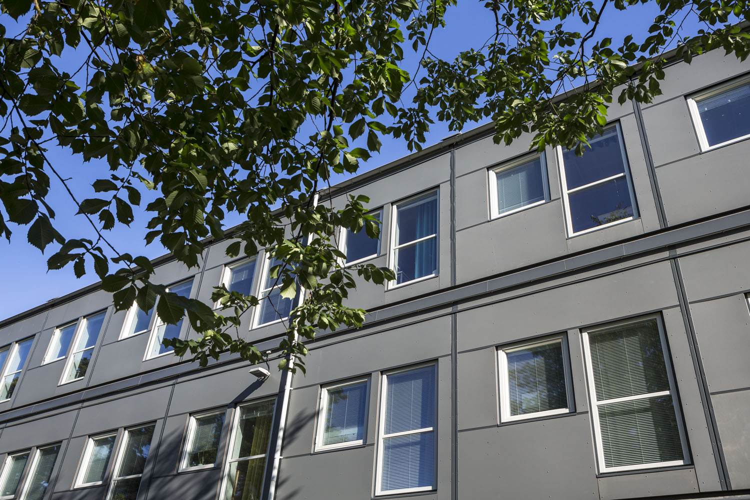 Skolmoduler från Expandia vid Årstaskolan i Gullmarsplan, flervåningslösning med ljusa klassrum i grön stadsmiljö.