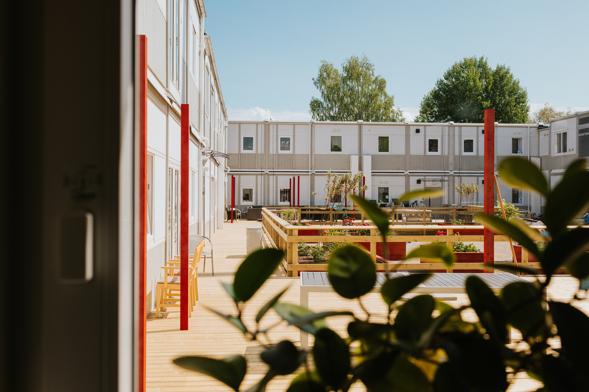 Indre gård ved Herrhagsgården omsorgs- og pleieboliger i Falun med trebelagte gangstier, beplantning og utemøbler. Moduler i to etasjer omgir gården og skaper et rolig og trivelig uteområde.