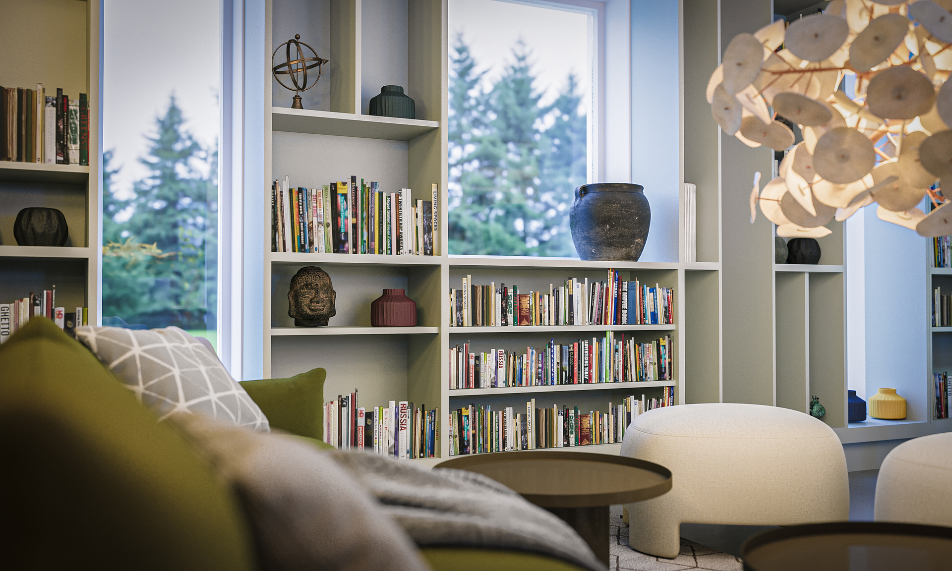 3D-bilde fra K3000 kontormiljø med bokhyller